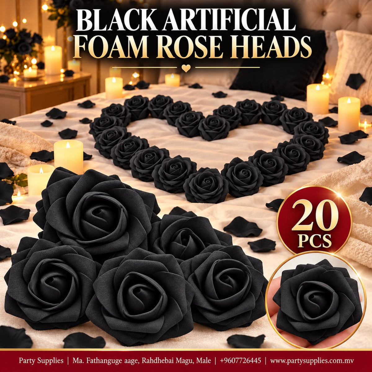 Black Artificial Foam Rose Heads – 20 pcs Set