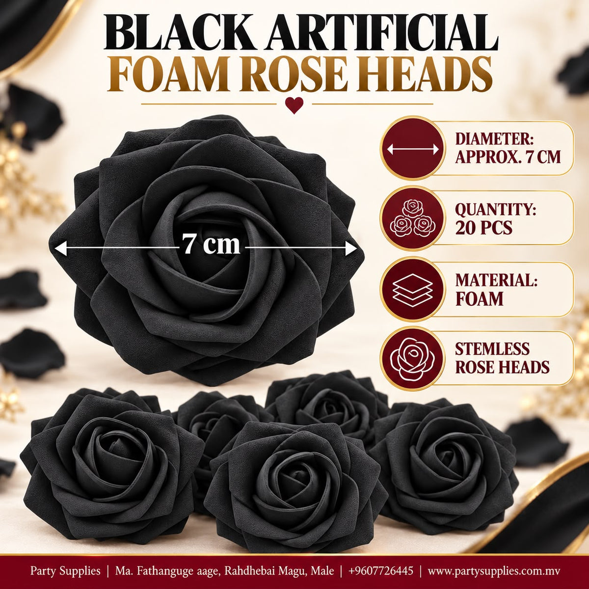 Black Artificial Foam Rose Heads – 20 pcs Set