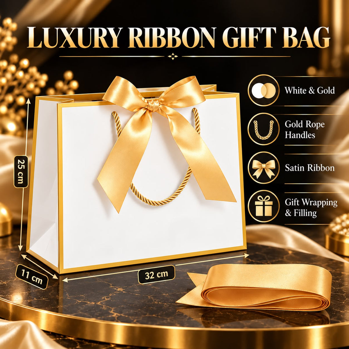 White & Gold Luxury Ribbon Gift Bag