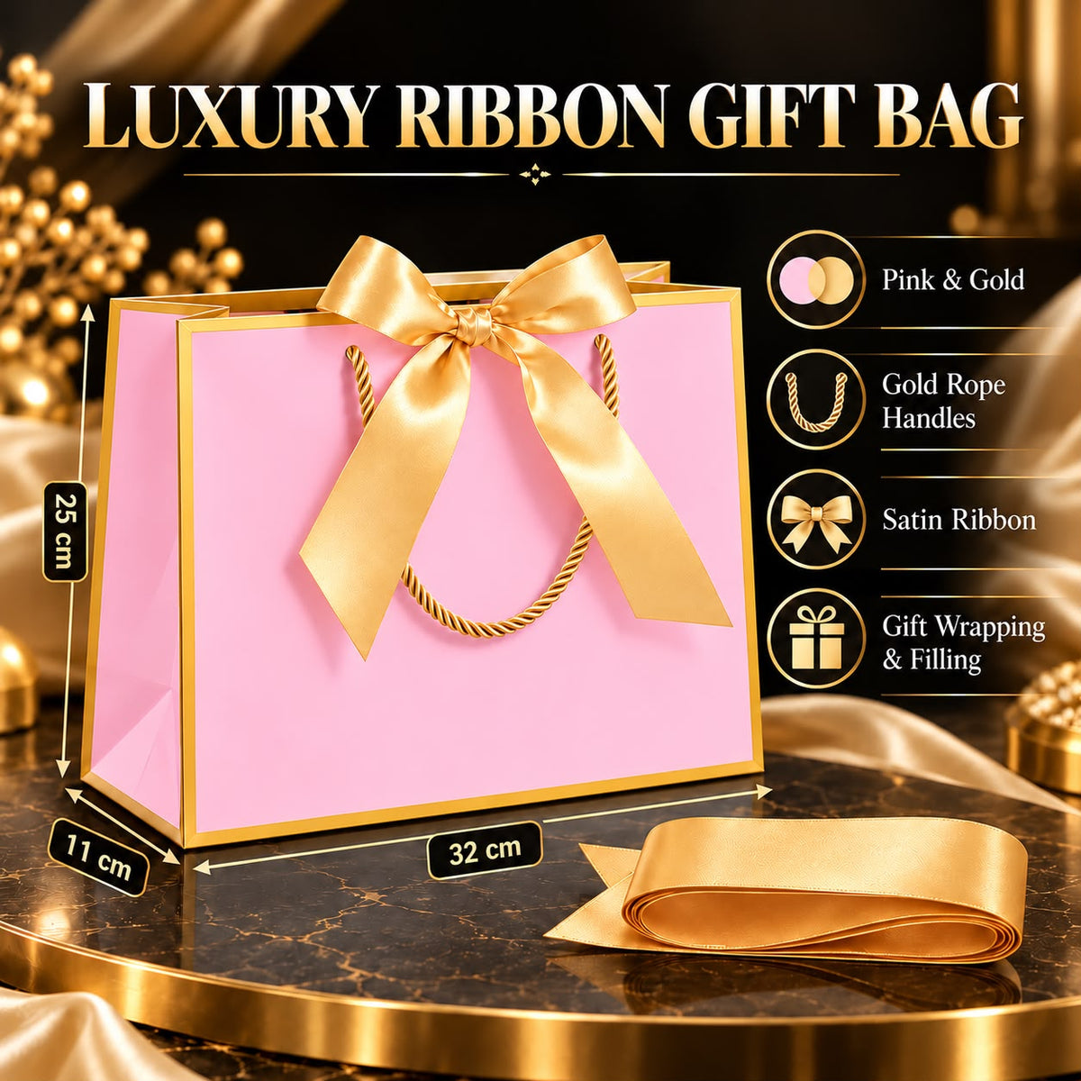 Pink & Gold Luxury Ribbon Gift Bag