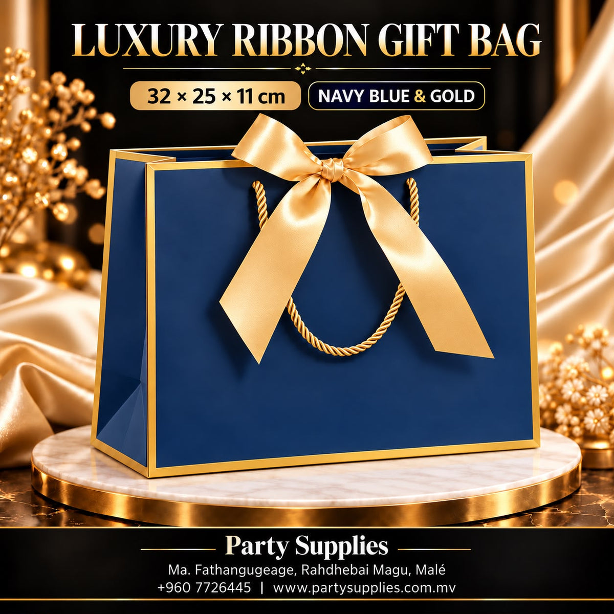 Navy Blue & Gold Luxury Ribbon Gift Bag