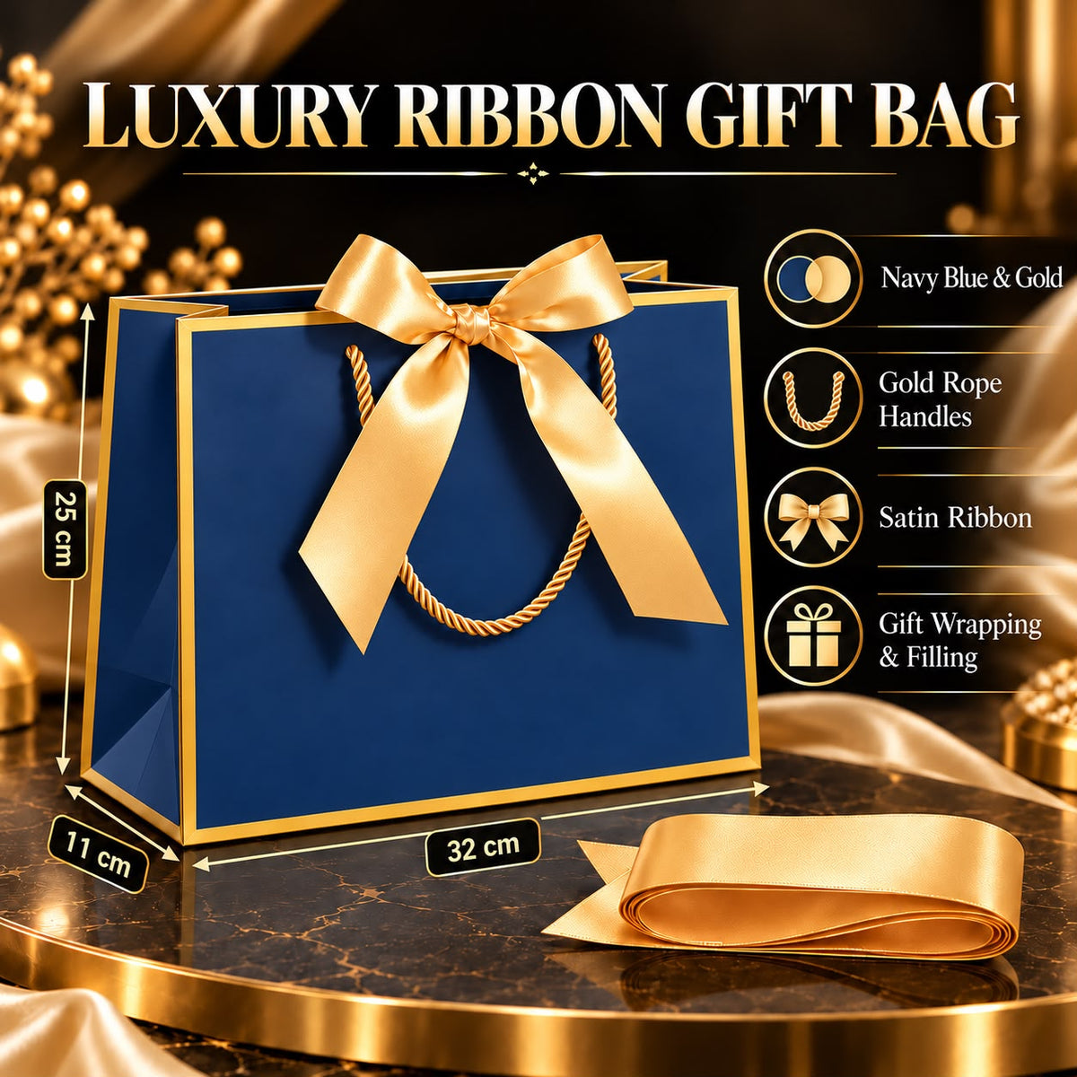 Navy Blue & Gold Luxury Ribbon Gift Bag