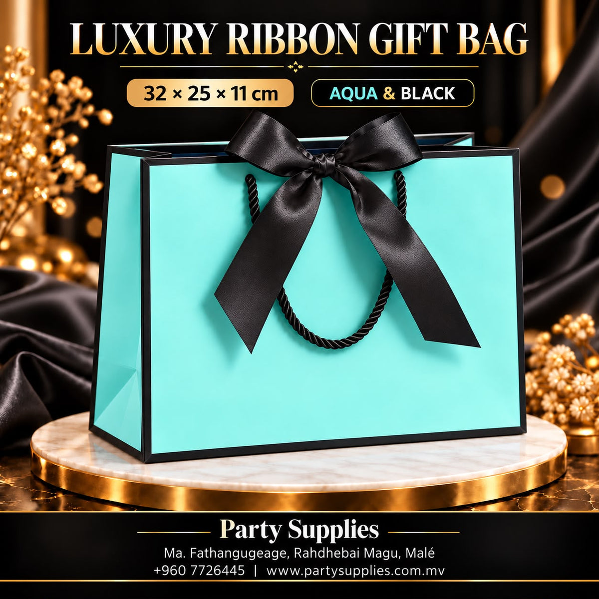 Aqua & Black Luxury Ribbon Gift Bag