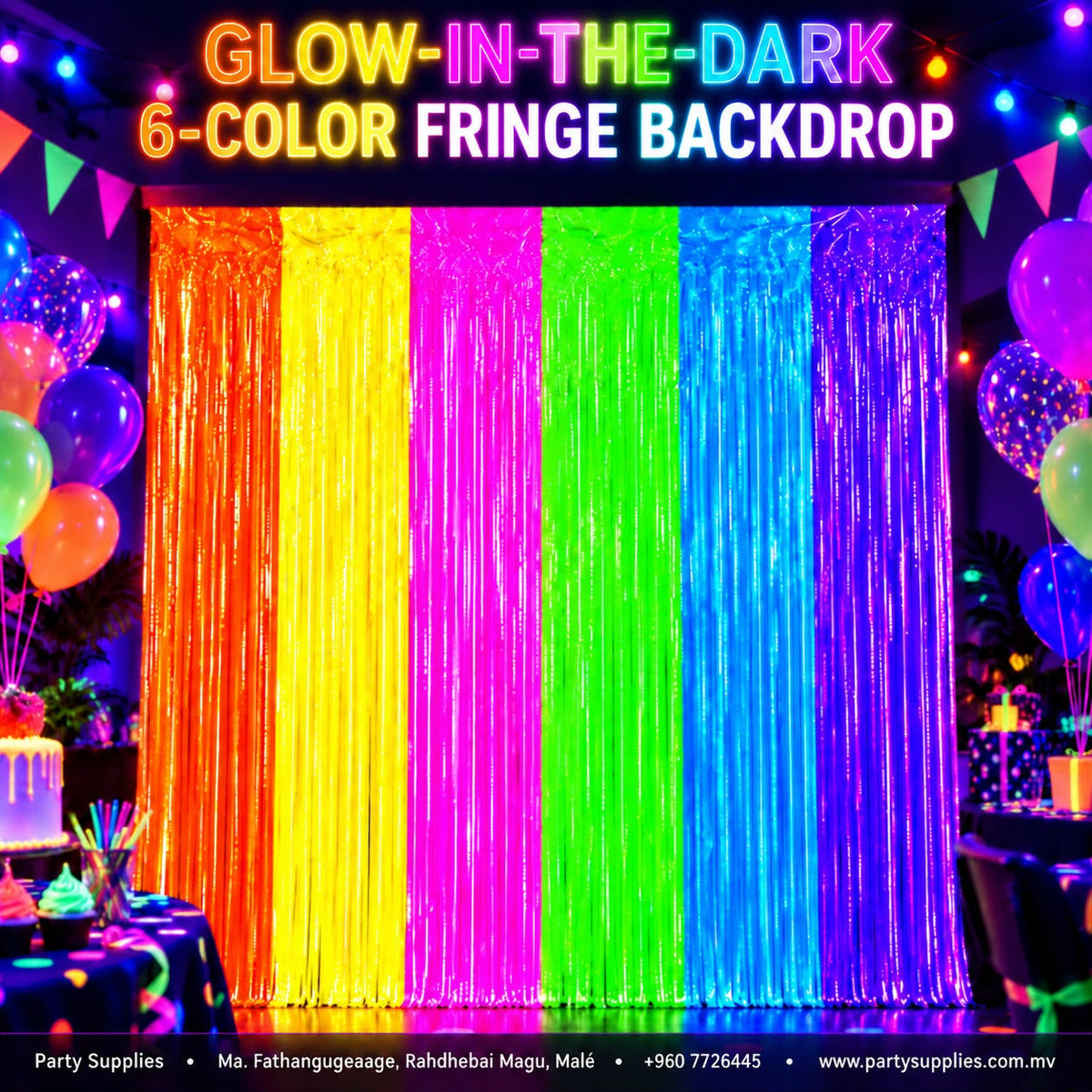 Glow in the Dark Fluorescent 6-Color Splice Fringe Foil Curtains Backdrop