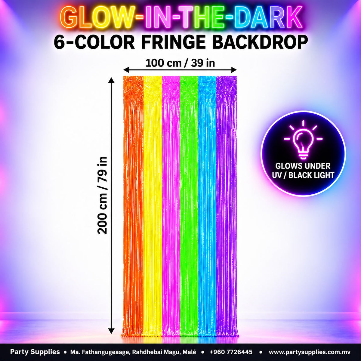 Glow in the Dark Fluorescent 6-Color Splice Fringe Foil Curtains Backdrop