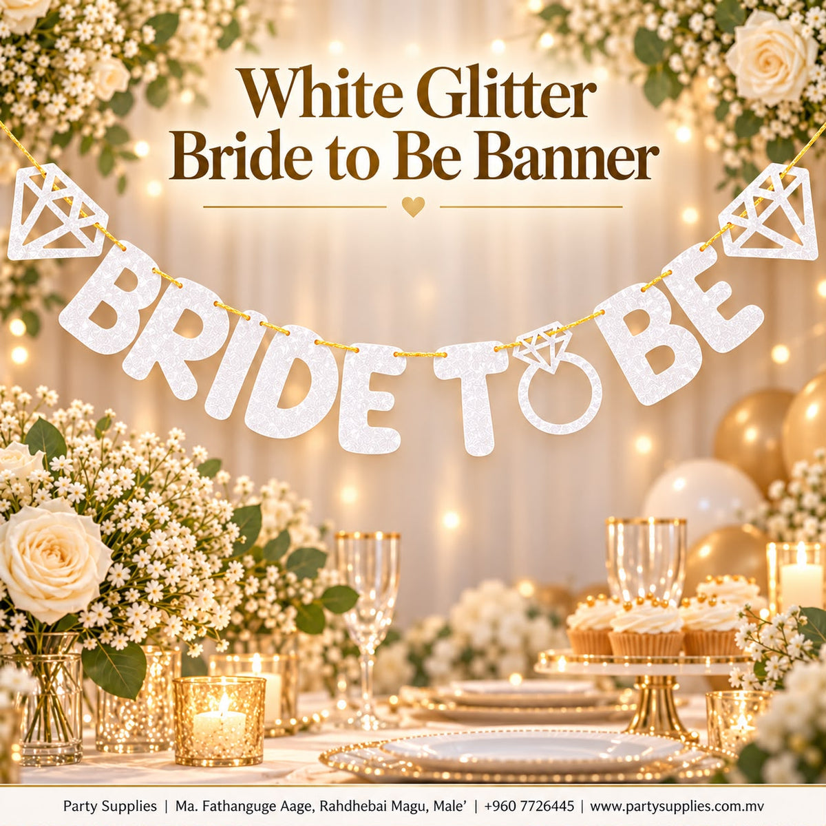 White Glitter Bride to Be Banner