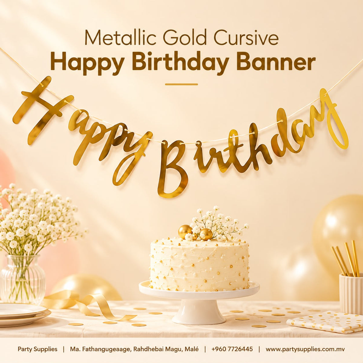Metallic Gold Cursive Happy Birthday Banner