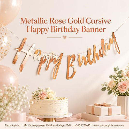 Metallic Rose Gold Cursive Happy Birthday Banner