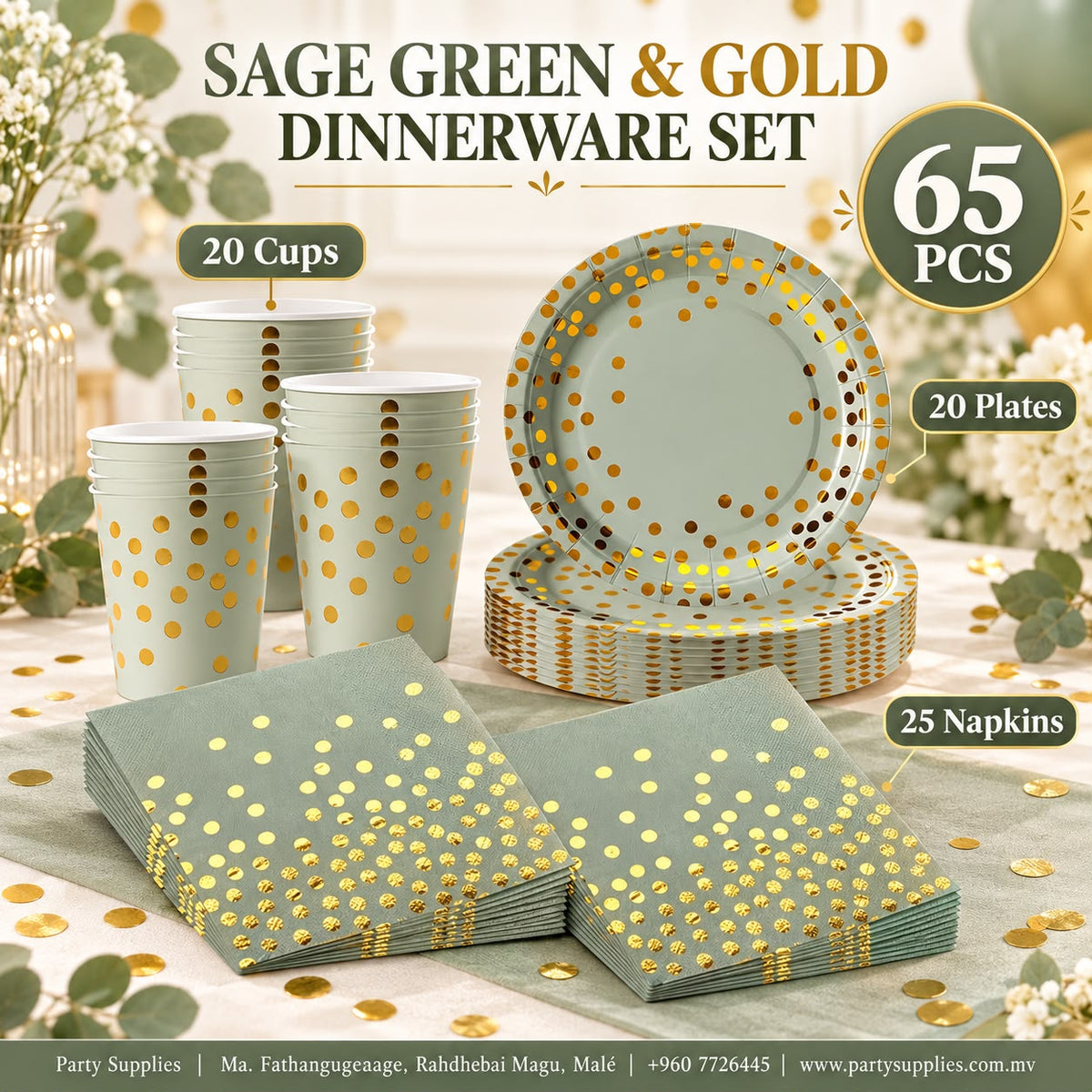 Sage Green & Gold Dinnerware Set — 65 PCS