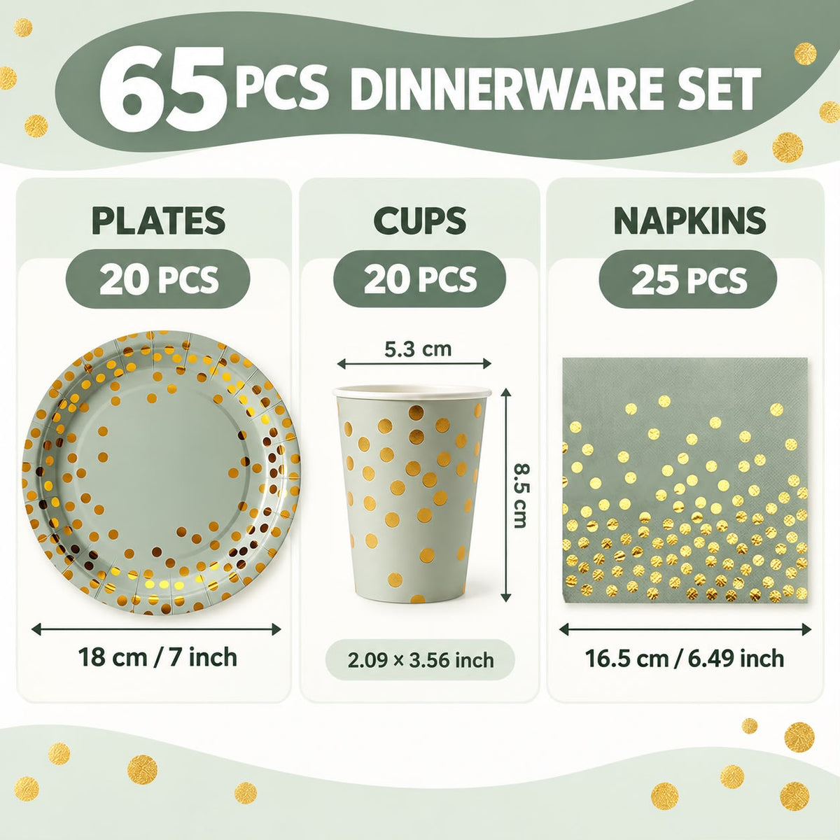 Sage Green & Gold Dinnerware Set — 65 PCS