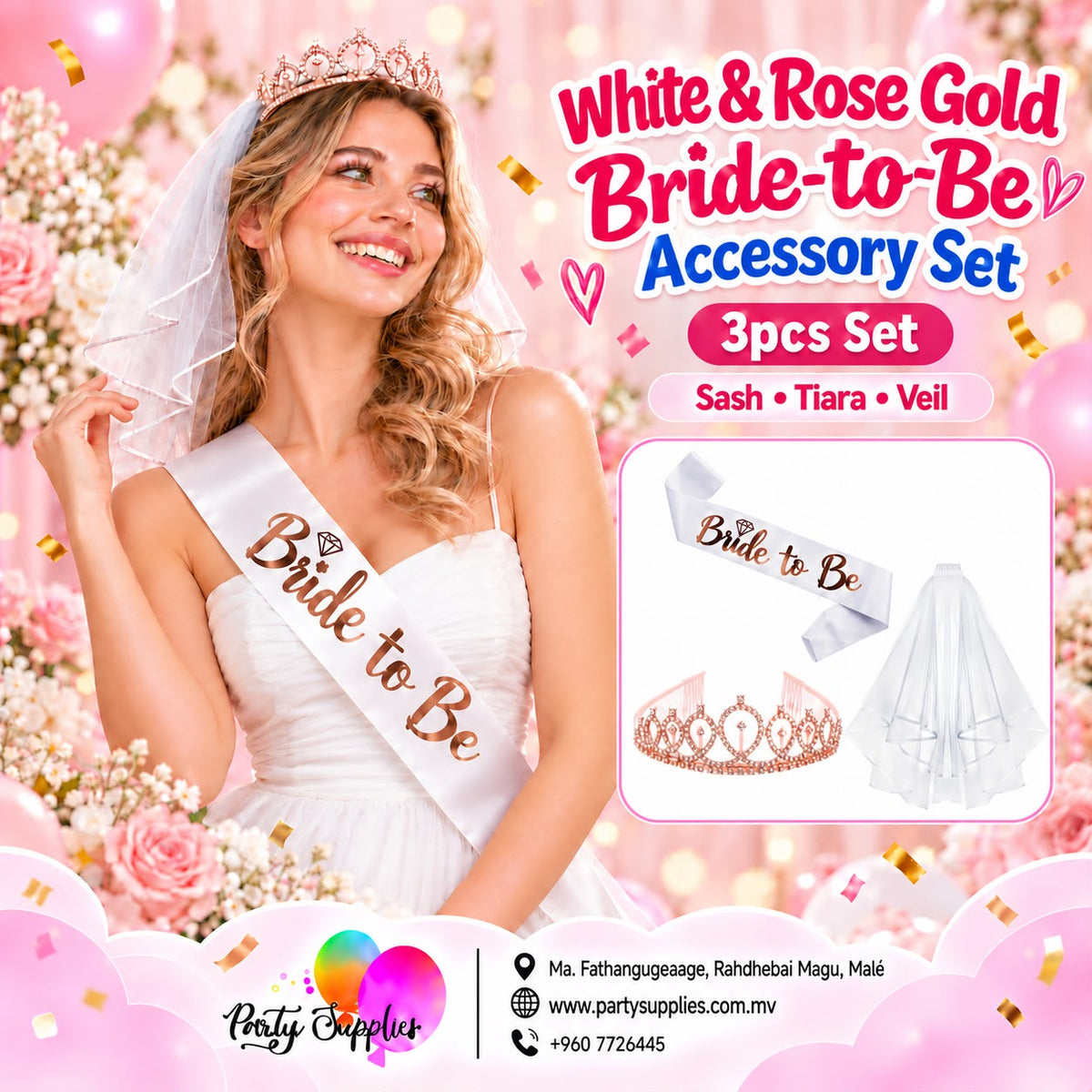 White and Rose Gold Bride Party Sash, Crown and Veil Set