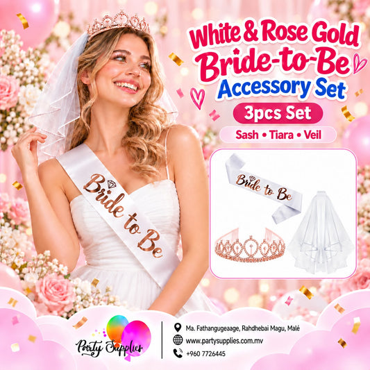White and Rose Gold Bride Party Sash, Crown and Veil Set