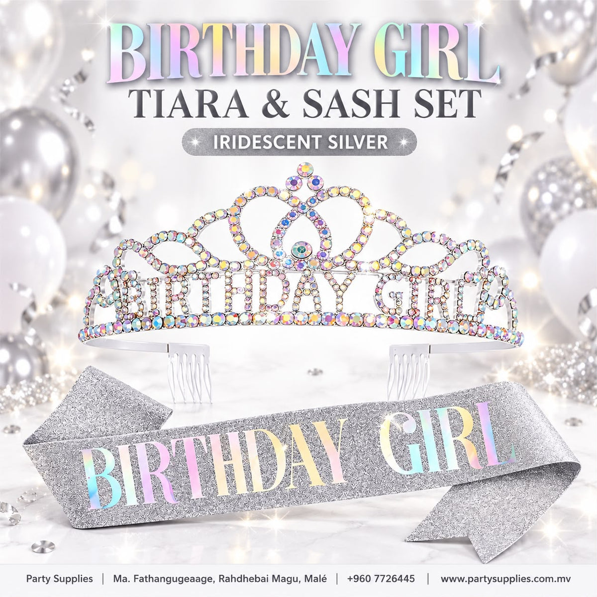 Iridescent Silver Birthday Girl Tiara and Sash Set