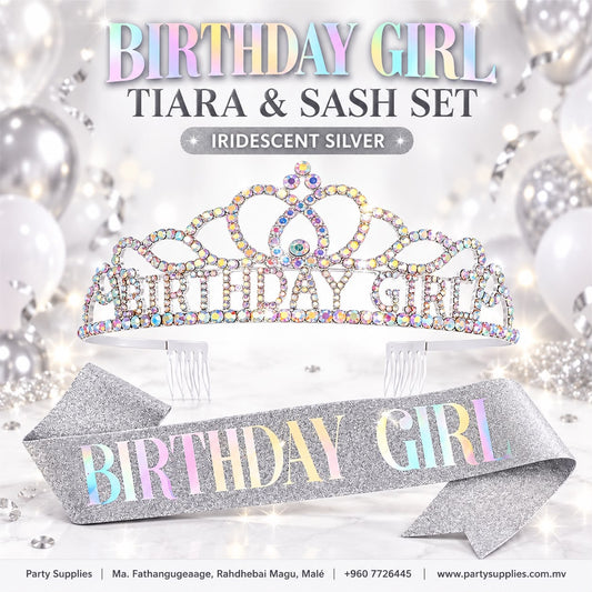 Iridescent Silver Birthday Girl Tiara and Sash Set