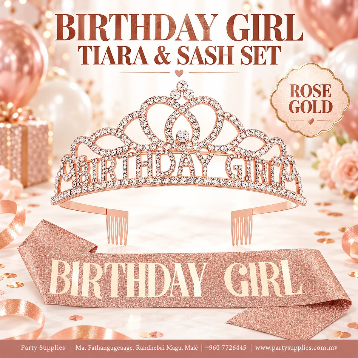 Rose Gold Birthday Girl Tiara and Sash Set