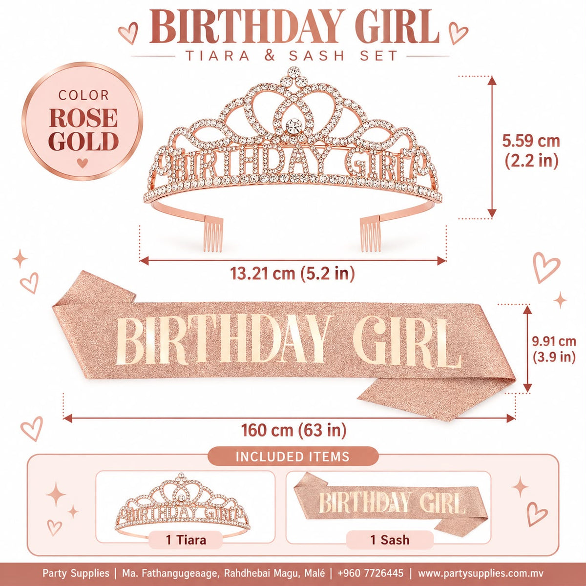 Rose Gold Birthday Girl Tiara and Sash Set