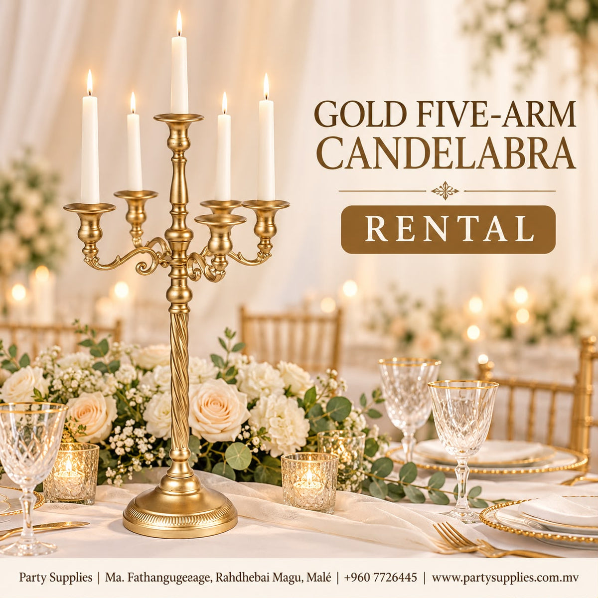 Gold Five-Arm Candelabra Candle Holder for Rent
