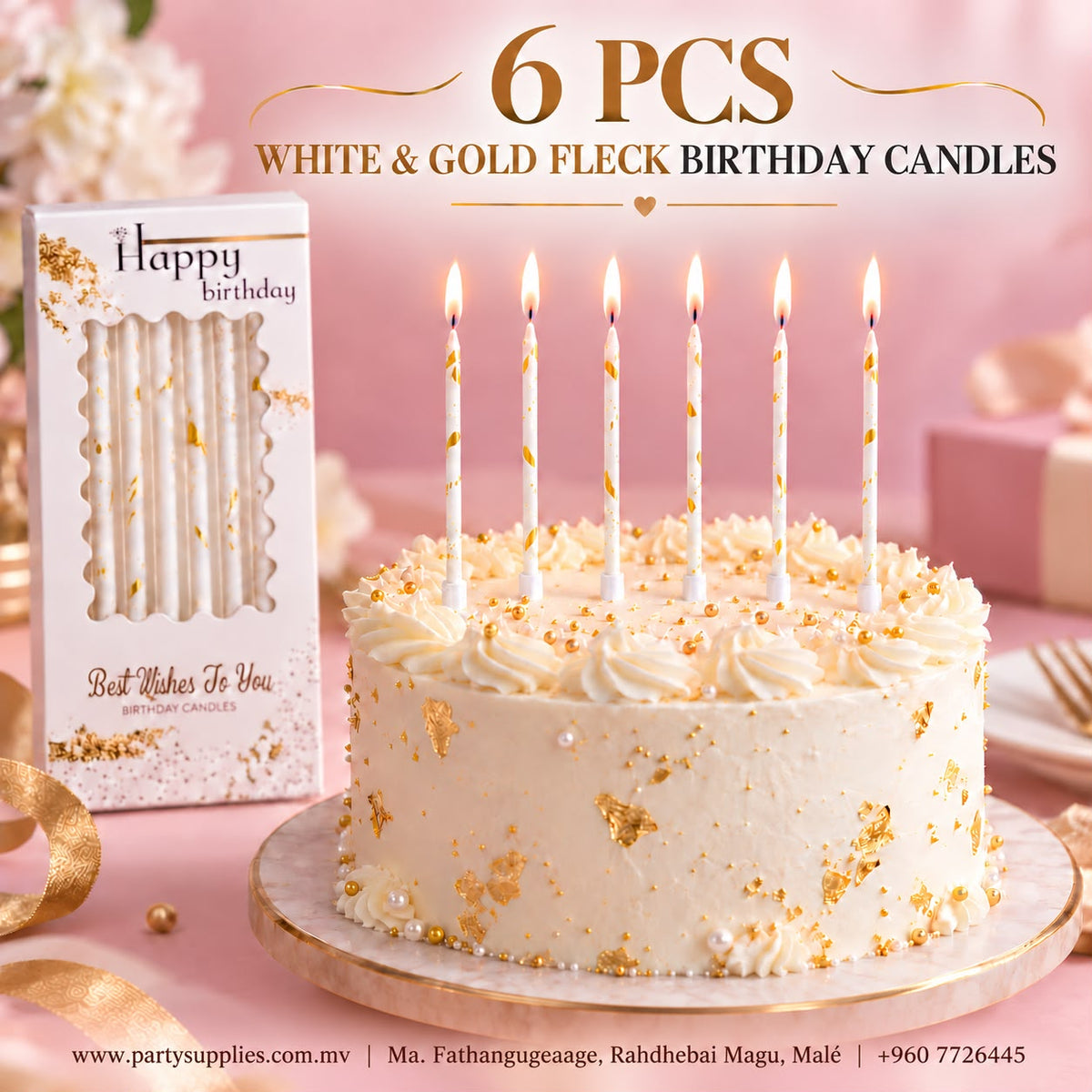 6pcs White Birthday Candles with Gold Flecks