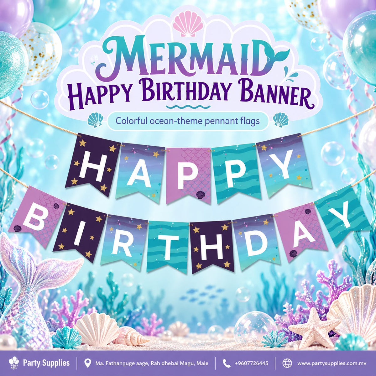 Purple & Turquoise Mermaid Happy Birthday Paper Flag Banner – Party ...