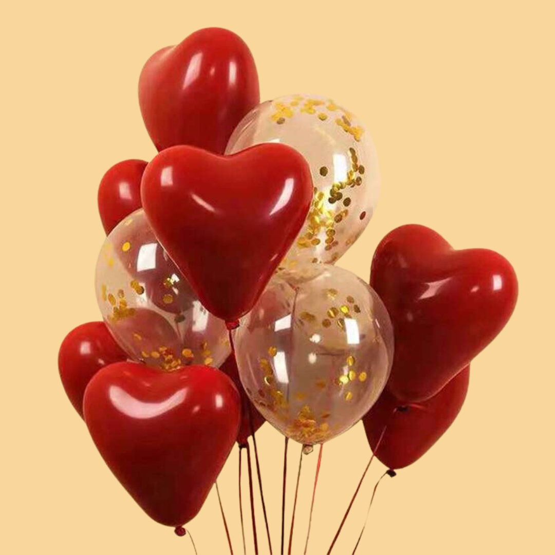 11pcs Red Heart & Gold Sequin Balloon Set