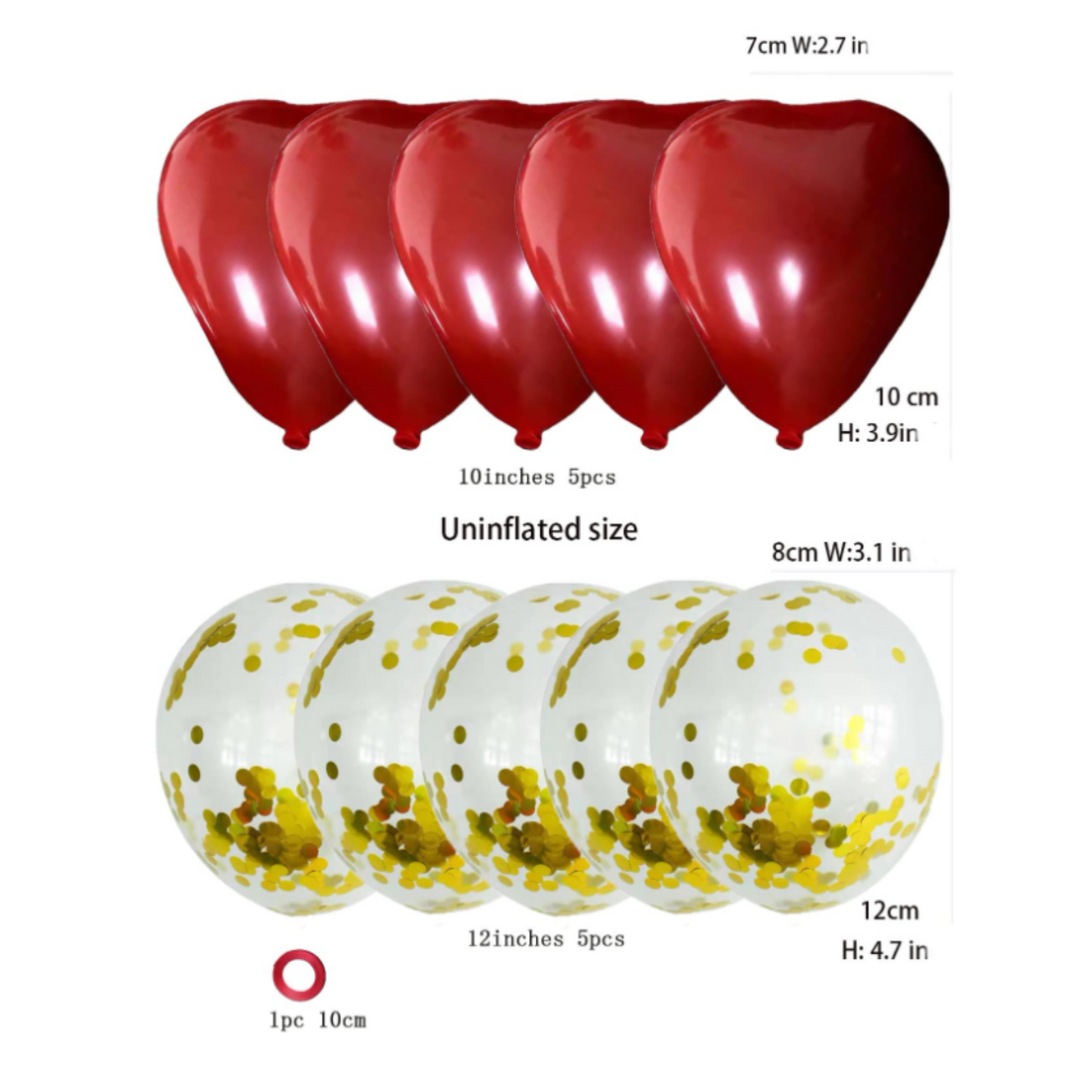 11pcs Red Heart & Gold Sequin Balloon Set