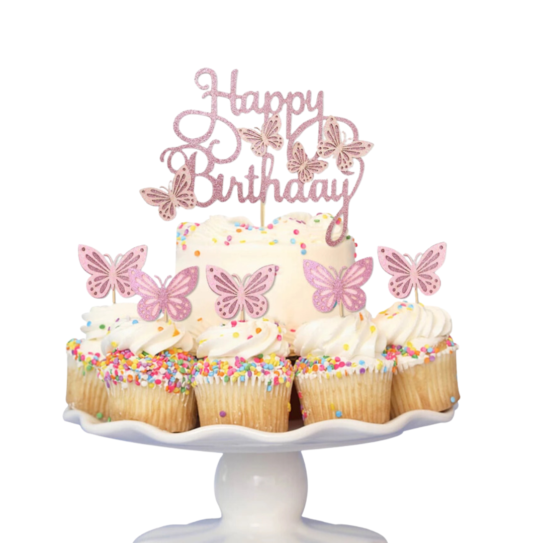 7pcs Pink Butterfly Cake Decorations Cake Topper & Cupcake Toppers