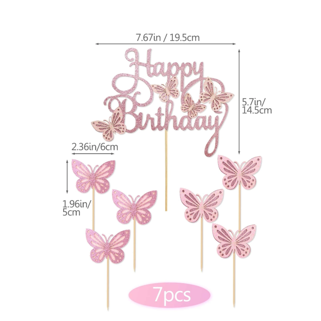 7pcs Pink Butterfly Cake Decorations Cake Topper & Cupcake Toppers