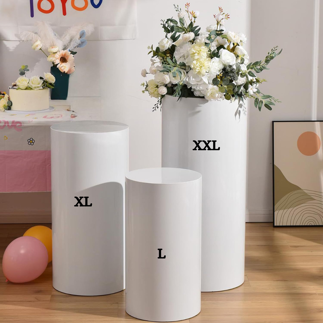 White Metal Round Cylinder Cake Stand for Rental