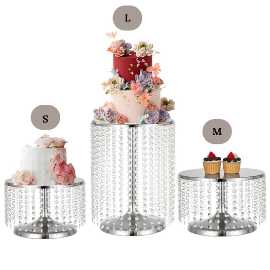 Silver Cake Stand with Crystal Pendants (Rental)