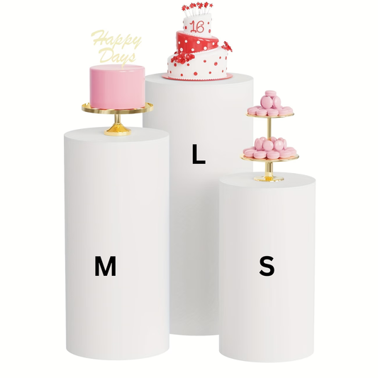 White Round Cylinder Cake Stand Cover for the Rent