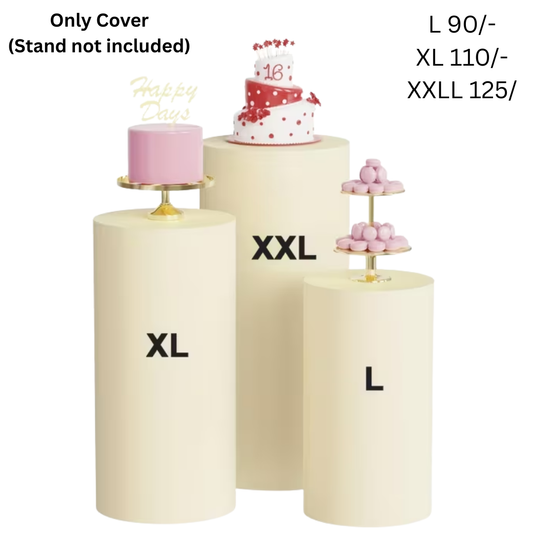 Beige Round Cylinder Cake Stand Cover for the Rent