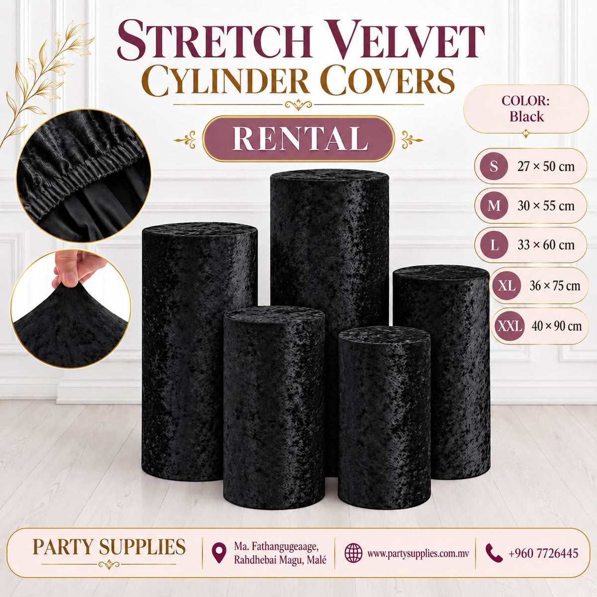 Black Stretch Velvet Cylinder Covers for RENT