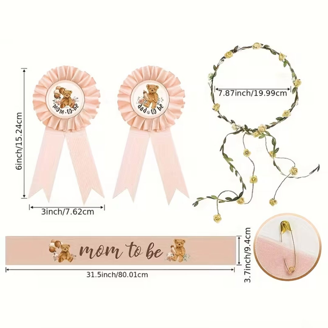 4pcs Bear Themed Pink Mom to Be Dad to Be Sash Badge and Headband Set