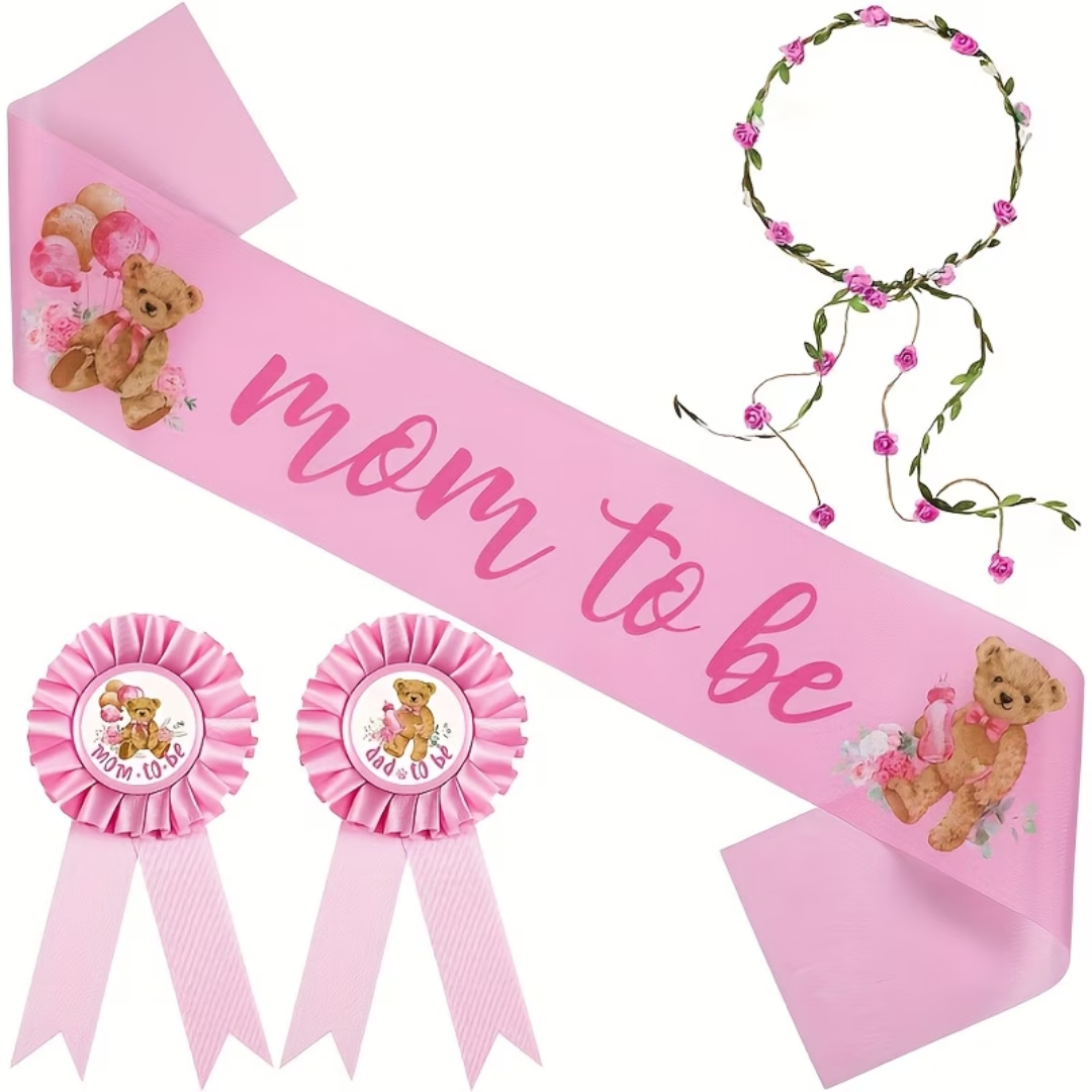 4pcs Bear Themed Pink Mom to Be Dad to Be Sash Badge and Headband Set
