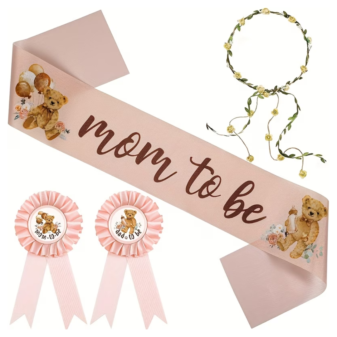 4pcs Bear Themed Brown Mom to Be Dad to Be Sash Badge and Headband Set