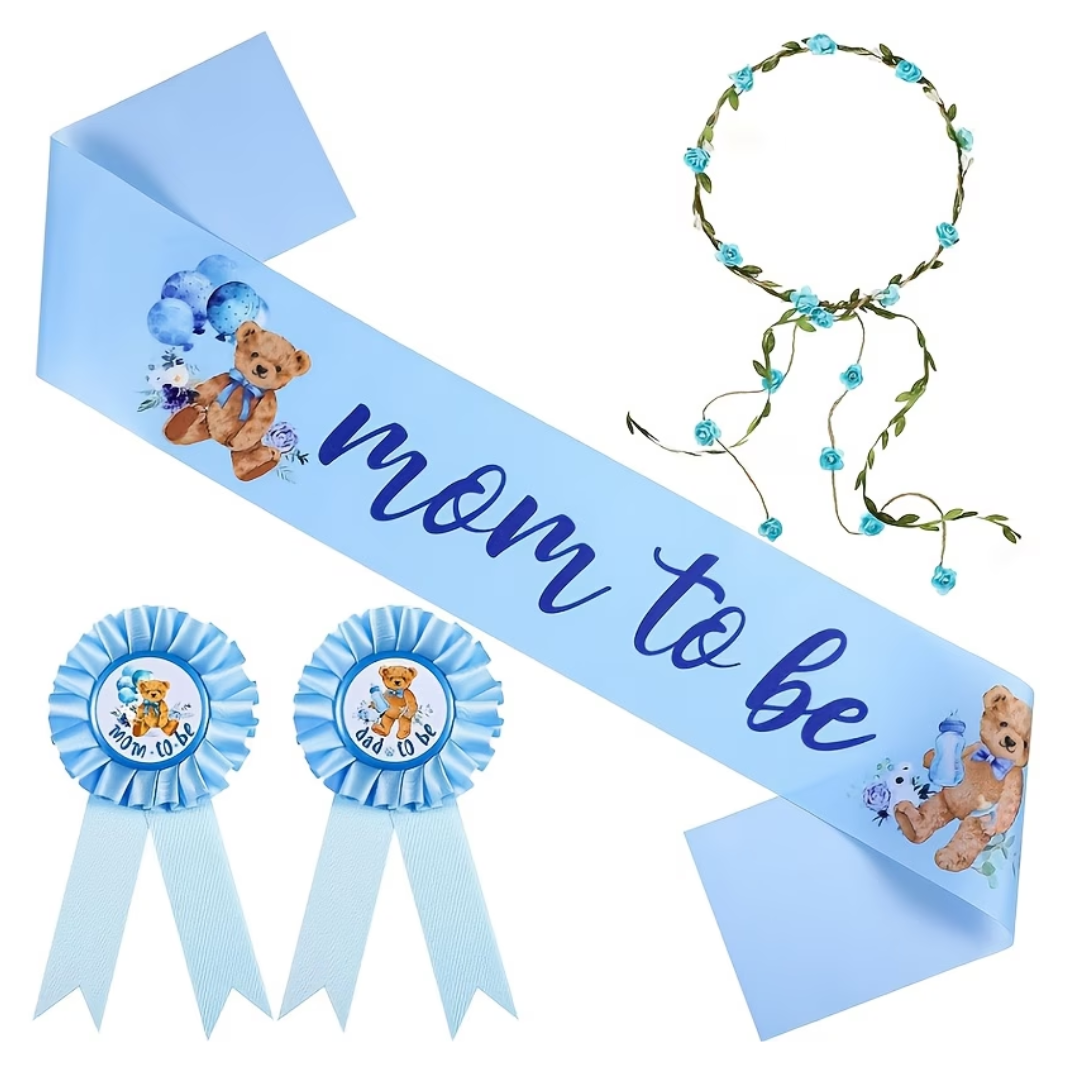 4pcs Bear Themed Blue Mom to Be Dad to Be Sash Badge and Headband Set