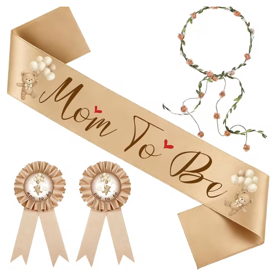 4pcs Bear Themed Golden Brown Mom to Be Dad to Be Sash Badge and Headband Set