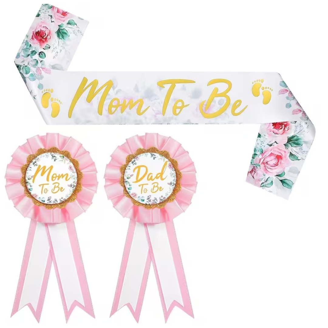 3pcs Pink Bride to Be Sash Dad to be Mom to Be Badge