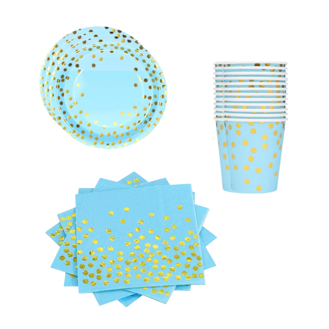 Blue and gold Polka dot Dinnerware, Plates, cups, Napkins
