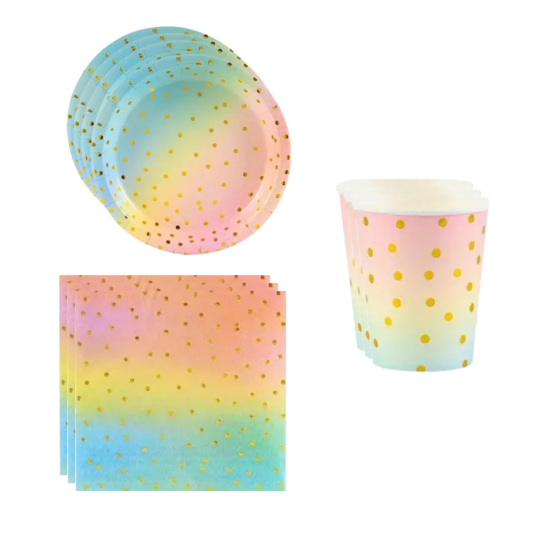 Pastel Rainbow Dinnerware, Plates, Cup, Napkins