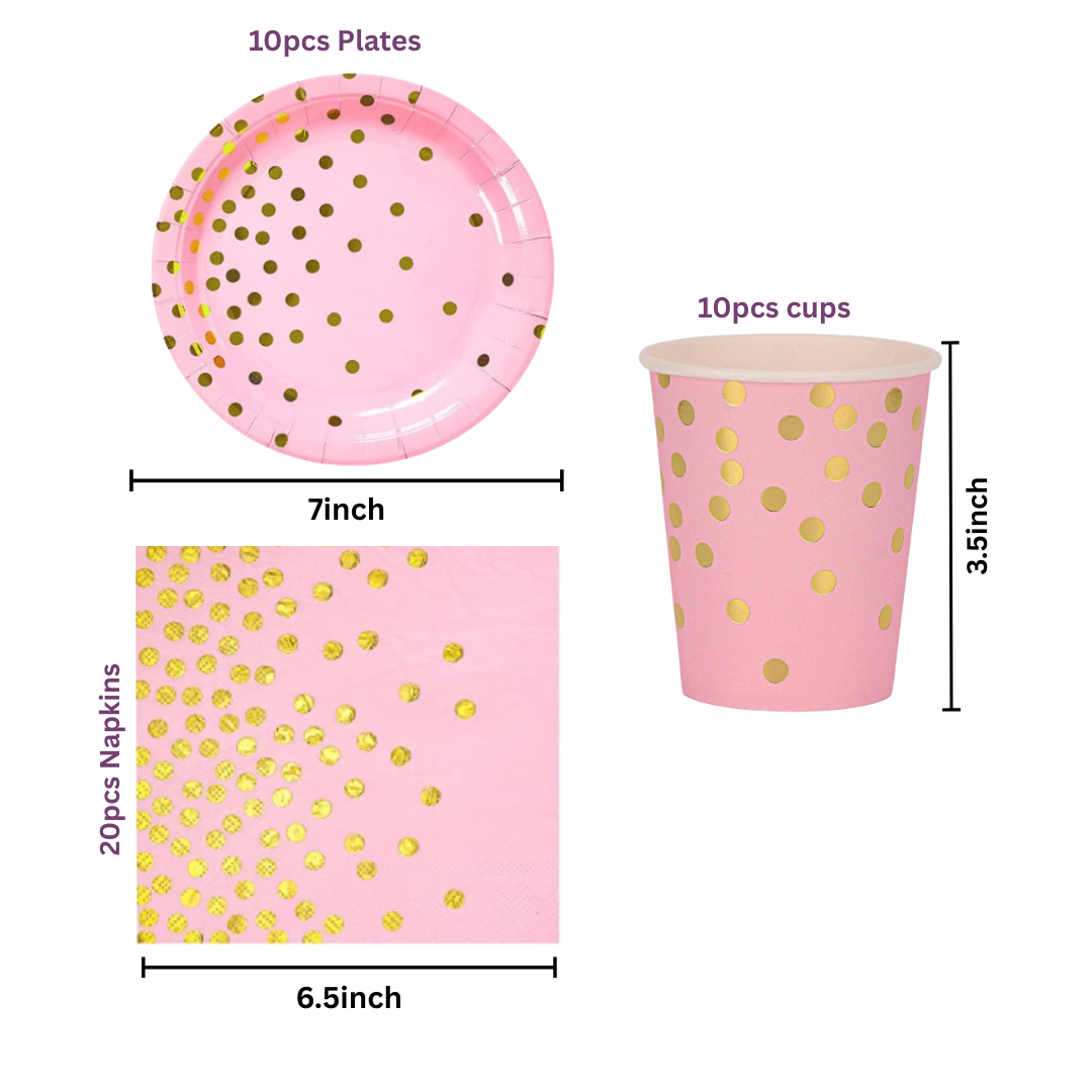 Pink and gold Polka dot Dinnerware, Plates, cups, Napkins