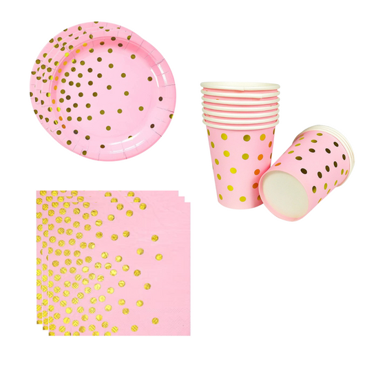 Pink and gold Polka dot Dinnerware, Plates, cups, Napkins