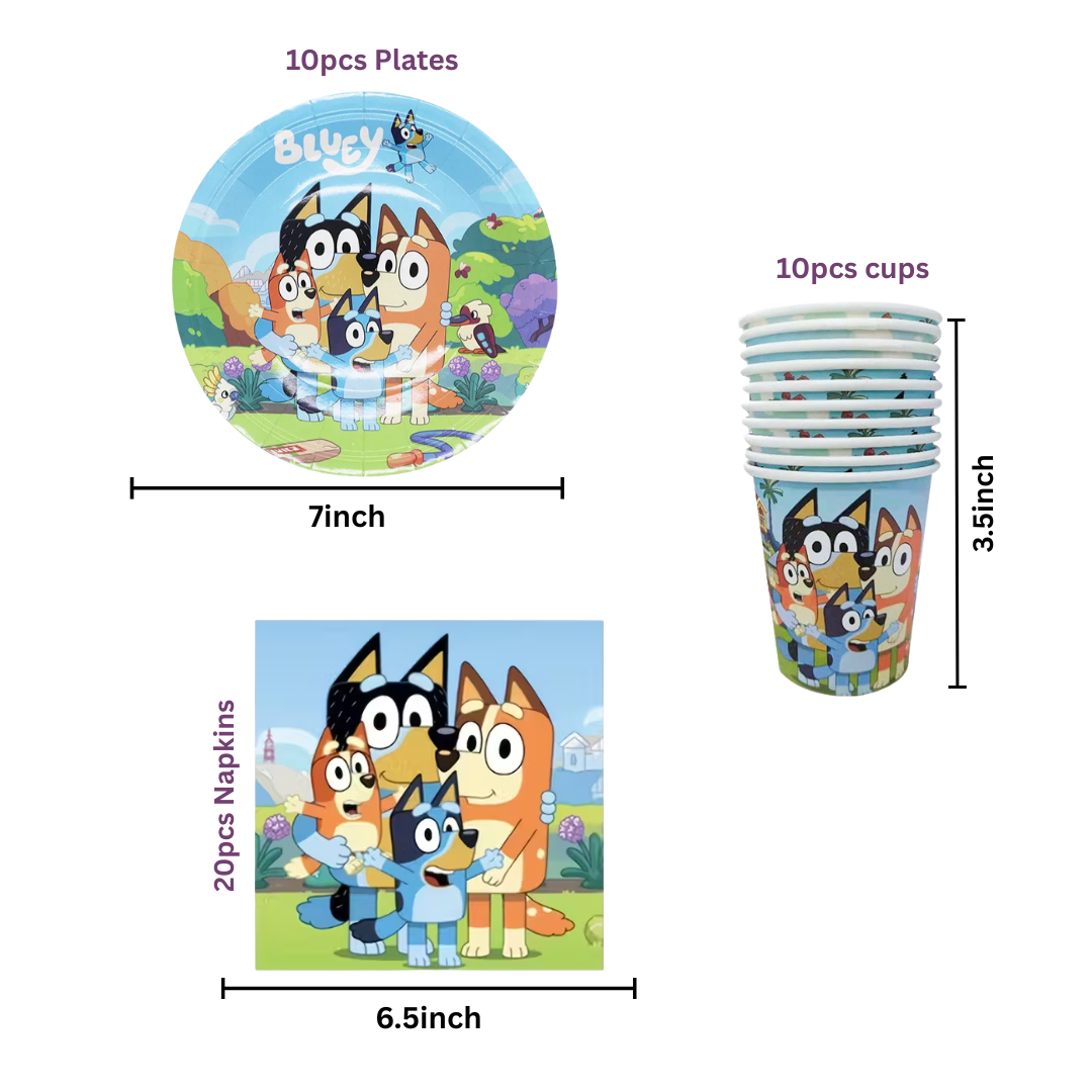 Bluey theme party dinnerware plates, Cups, Napkins