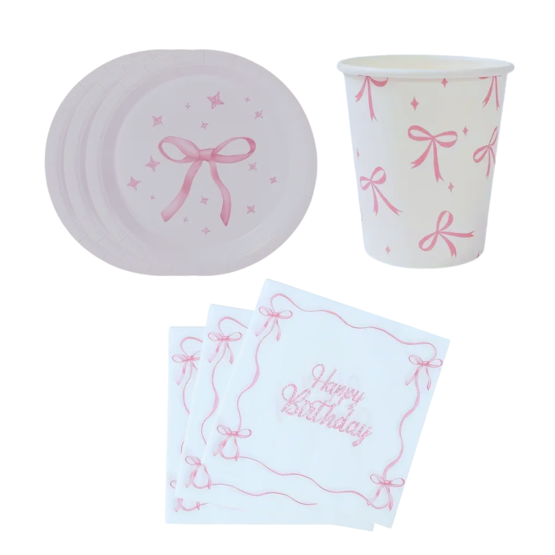 Pink Bow Theme Dinnerware Plates, Cups, Napkins