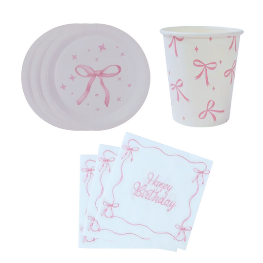 Pink Bow Theme Dinnerware Plates, Cups, Napkins