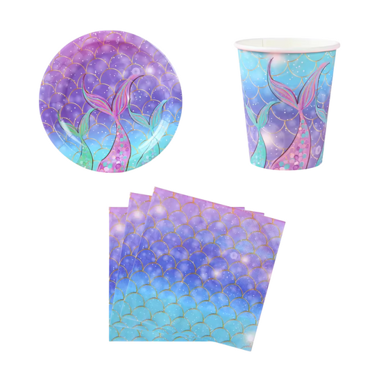 Purple Mermaid Theme Dinnerware Plates, Cups, Napkins