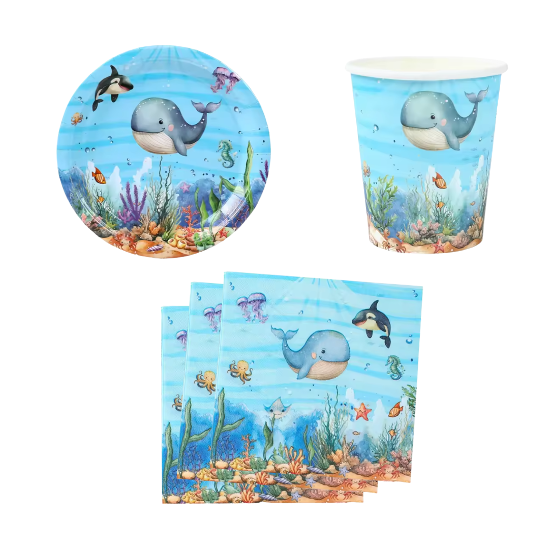 Blue Ocean Underwater Whale Theme Dinnerware Plates, Cups, Napkins