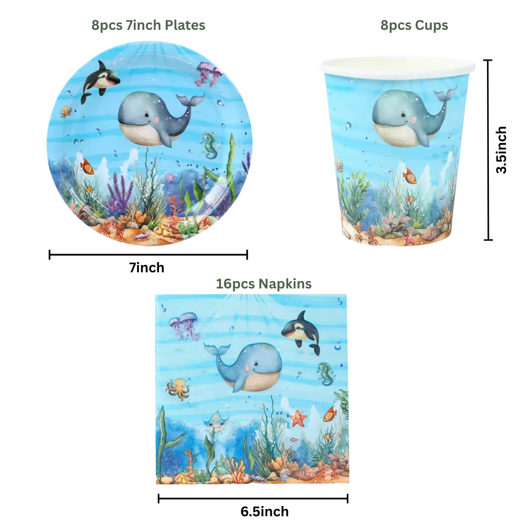 Blue Ocean Underwater Whale Theme Dinnerware Plates, Cups, Napkins