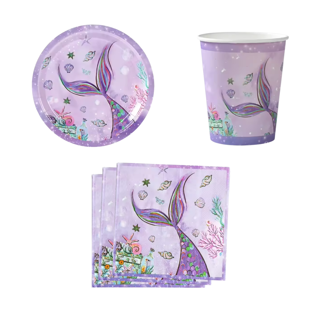Purple Mermaid Theme Dinnerware Plates, Cups, Napkins