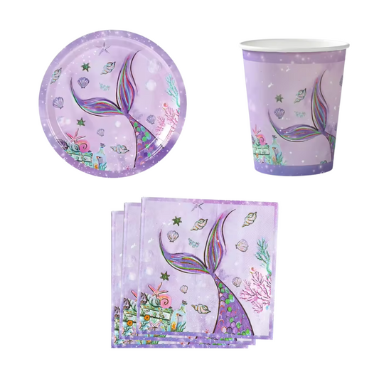 Purple Mermaid Theme Dinnerware Plates, Cups, Napkins